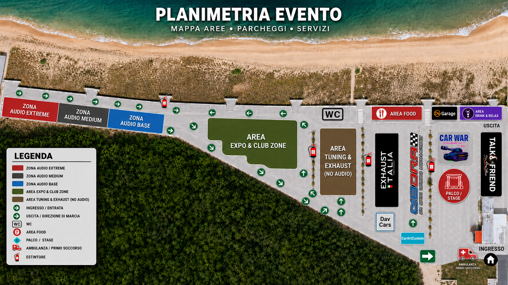 Planimetria Tuning Festival 2026: zone audio extreme, medium e base, area expo e club, tuning ed exhaust, food, drink e relax, palco, ingresso, uscita, WC, ambulanza e percorsi segnalati a Petacciato Marina